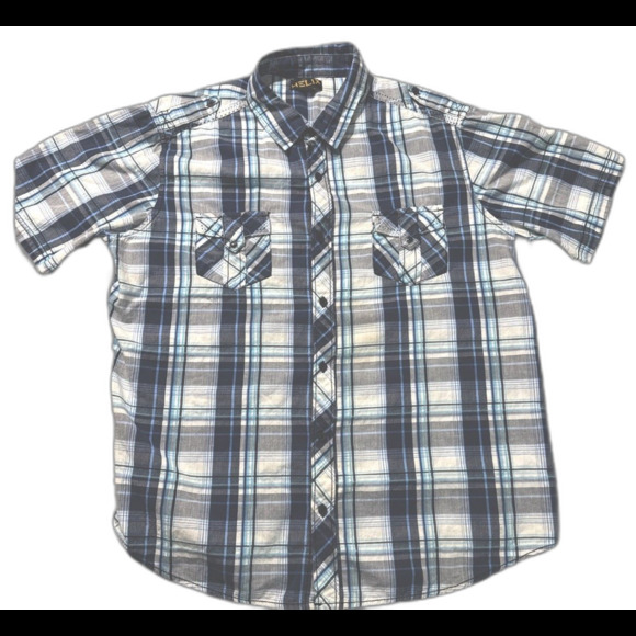 Helix Western Shirt Mens 2XL Slim Blue Black White Plaid Short Sleeve Button Up - Picture 1 of 6